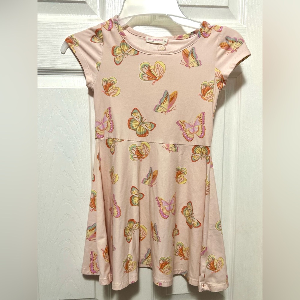 Girl’s Young Hearts Dress - Pale Pink Butterfly Design Size 6